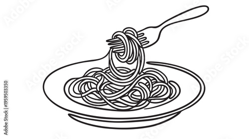 A minimalist line drawing depicts a fork twirling a generous portion of spaghetti, lifted from a simple plate, against a clean white background.