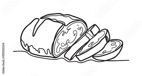 A continuous line drawing showcases a rustic loaf of bread, expertly sliced to reveal its soft interior and crust, presented on a plain background.