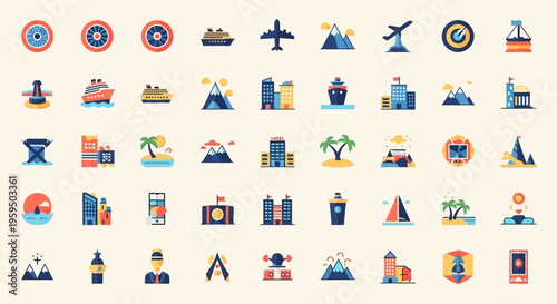 Flat Vector Travel and Vacation Icons Set - Minimalist Tourism, Holiday, and Adventure Symbols for Web and App UI Design