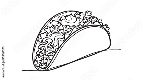 A single-line drawing of a fully-loaded taco, featuring lettuce, cheese, sour cream, and salsa, presented as a minimalist illustration on a white background.