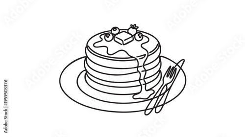 A delightful stack of pancakes, adorned with a pat of butter, fresh blueberries and strawberries, and drizzled with syrup, set against a minimalist line art style on white.