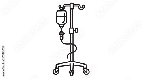 A simple, clean line drawing of an IV drip stand, featuring a hook for the bag, an adjustable pole, and a wheeled base, set against a white background.
