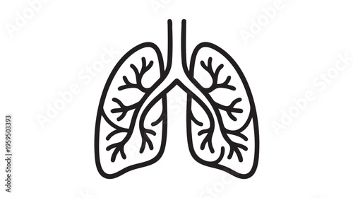A clear, schematic line drawing of human lungs, showing the branching bronchioles, presented in black outline on a stark white background.