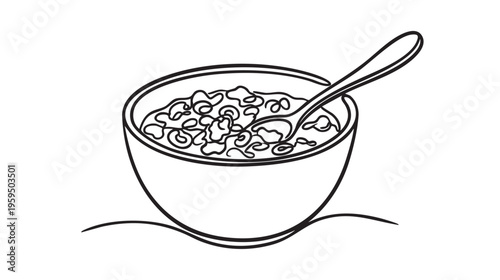 A simple, minimalist line art illustration of a bowl filled with cereal and a spoon resting inside, perfect for breakfast or healthy eating themes.