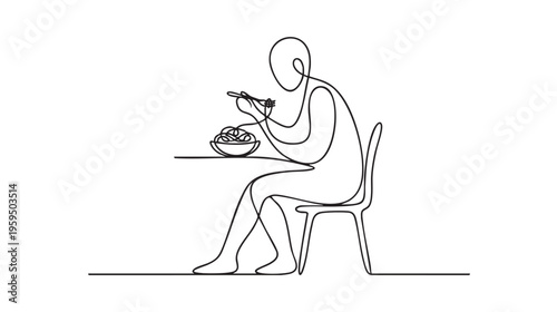 A continuous line drawing shows a person sitting at a table, using chopsticks to eat a bowl of noodles, conveying a simple and relatable dining moment.