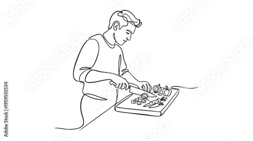A man intently chops various vegetables and ingredients on a cutting board, depicted with a simple, continuous line style.