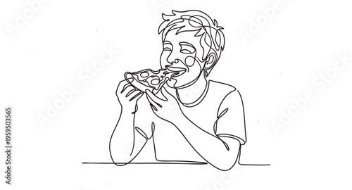 A simple line drawing shows a delighted boy enthusiastically eating a slice of pizza, with eyes closed and a smile.