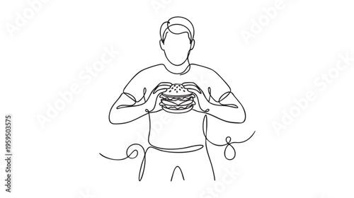 A minimalist line drawing shows a man holding a large, appetizing hamburger, symbolizing indulgence and fast food cravings.