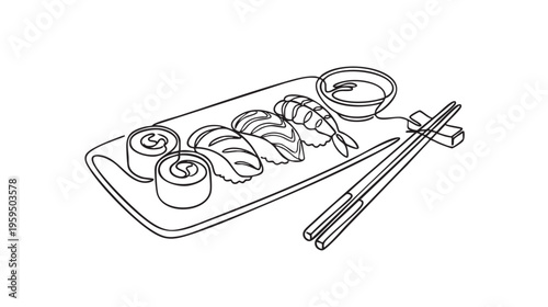 Minimalist line art of a sushi platter featuring nigiri and maki rolls, served with chopsticks and soy sauce, on a white background.