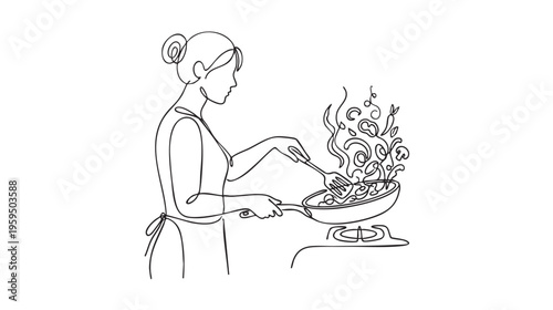 This continuous line drawing illustrates a woman cooking food in a pan on a stove, with steam rising, suggesting a culinary creation.