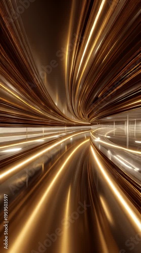 Abstract golden tunnel with glowing light streaks in motion