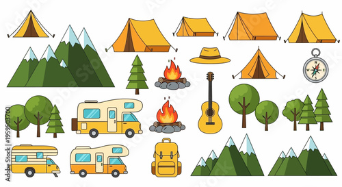 Camping and Outdoor Adventure Vector Set with Tents, RV Camper Vans, Mountains, Campfire, and Hiking Gear Icons for Travel Design