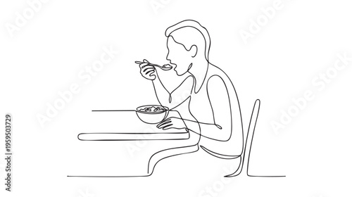 A single-line drawing shows a woman seated at a table, eating a bowl of cereal with a spoon, captured in a simple, elegant outline.