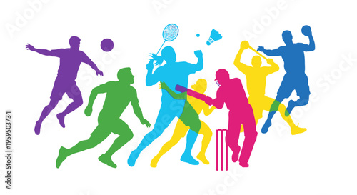 Colorful Multi-Sport Athlete Silhouettes Overlapping on White Background - Dynamic Graphic Illustration for Sports and Fitness