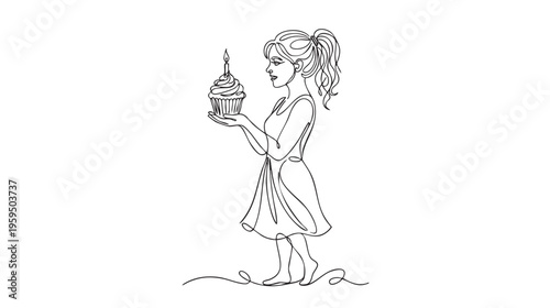 A minimalist single-line illustration captures a young woman holding a decorated cupcake with a single lit candle, celebrating a special occasion.
