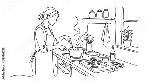 A woman wearing an apron stirs a pot of soup on a stove, surrounded by carrots, onions, and kitchen utensils.
