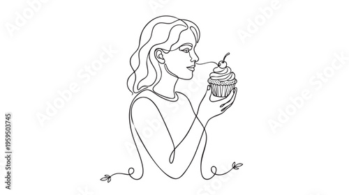 A minimalist line drawing shows a woman holding a decorated cupcake with a cherry on top, her face turned towards it.