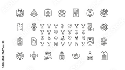 Collection of achievement and success themed icons in line art style