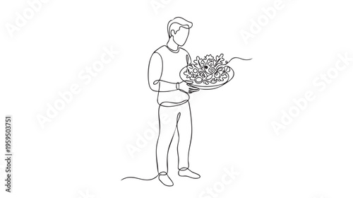 A minimalist line drawing depicts a man standing and holding a large bowl of fresh salad, ready to serve or eat.