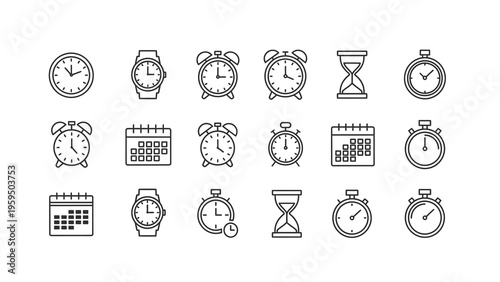 A collection of 16 line icons depicting various time keeping devices and calendars