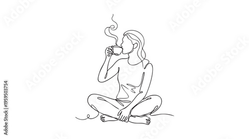 A graceful continuous line drawing shows a woman sitting cross-legged, savoring a warm cup of coffee, with gentle steam rising, conveying a moment of peaceful enjoyment.