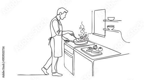 A man in an apron stirs vegetables in a pan on a stovetop in a clean, modern kitchen, with onions and tomatoes on a cutting board.