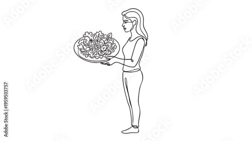 A stylish single-line illustration features a woman standing, holding a large bowl filled with fresh salad, representing healthy eating and organic food.