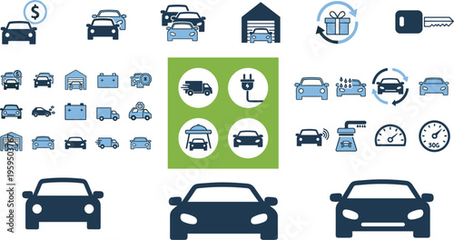 Car Service and Maintenance Icon Set with Vehicle Repair, Electric Charging, Key, Battery, and Diagnostic Tools