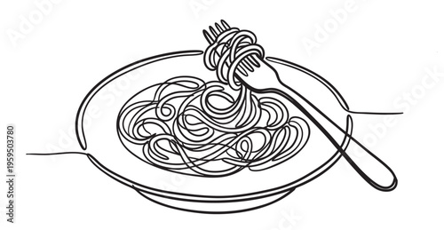A minimalist line drawing displays a plate of spaghetti with a fork twirling the pasta, presented against a white background.