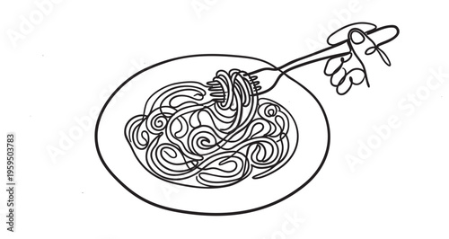 A minimalist black and white line drawing shows a fork twirling a pile of spaghetti onto a round plate.