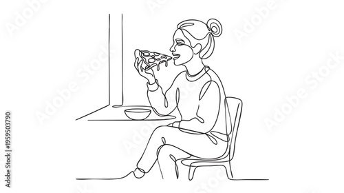 Minimalist one-line drawing of a woman sitting by a window, enjoying a slice of pizza with a happy expression.
