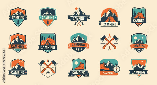 Set of Vintage Camping and Mountain Adventure Logos, Retro Outdoor Badges with Tents, Axes, and Hiking Boots for Tourism and Exploration Branding