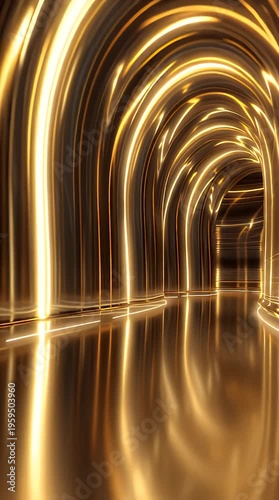 Abstract golden tunnel with glowing light reflections