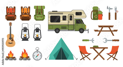 Camping Gear and Outdoor Adventure Icon Set. Vector Flat Illustration of Camper Van, Tent, Backpacks, Campfire, Lantern, and Hiking Equipment for Tourism Design.