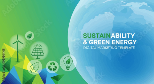 Eco friendly green energy template, sustainability digital marketing, environmental icons, renewable power vector graphics, sustainable ability concept