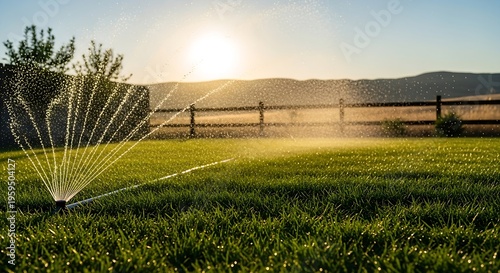 A garden sprinkler system actively watering a lush green lawn.