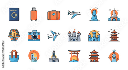 Vector Collection of Travel and World Landmark Icons featuring Passport, Suitcase, Camera, Airplane, Castle, Pagoda, and Egyptian Pharaoh for Tourism and Vacation Design