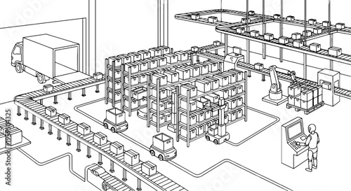 Line art vector of smart automated warehouse with robots and conveyor belts