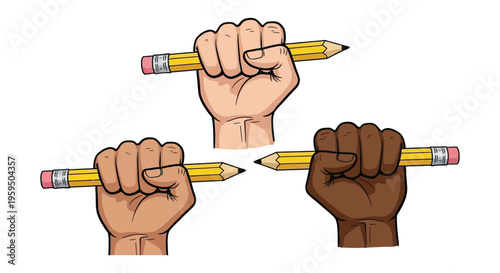 Vector graphic of diverse fists clutching pencils, representing collective power and the importance of writing.