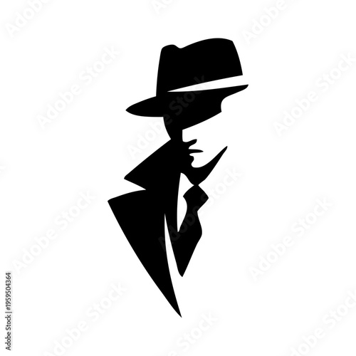 Logo moda de caballero. Dibujo minimalista con la vista parcial de un hombre con sombrero de fieltro fedora, traje y corbata
