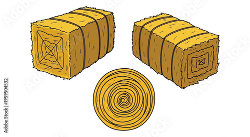 Vector graphic illustration of farm hay bales, rectangular and round, for agricultural themes