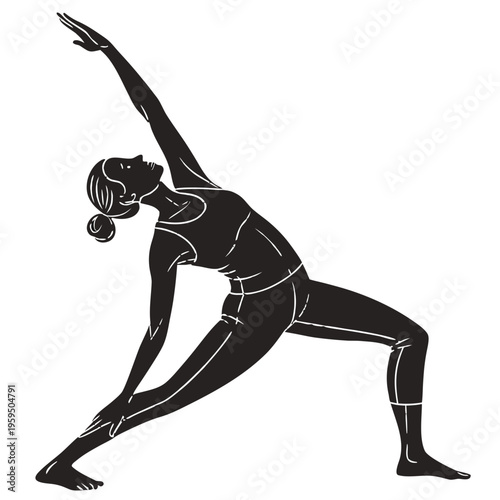 A black silhouette of a woman in a yoga pose on a white background