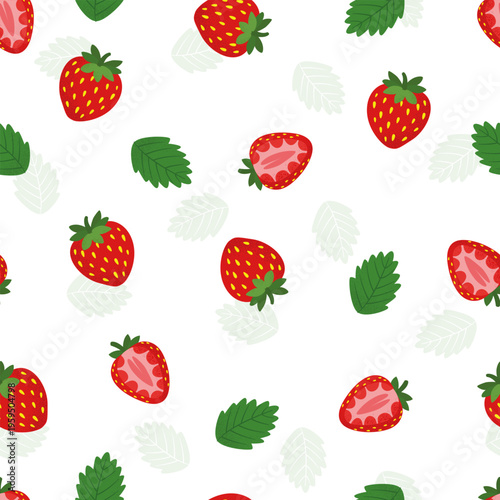 Seamless pattern with strawberries on white background. Cute colorful spring pattern for fabric, wrapping paper, clothes.