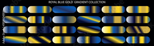 Royal blue gold gradient collection, luxury metallic swatches for graphic design, set of 24 elegant blue and yellow gold color palettes in vector format