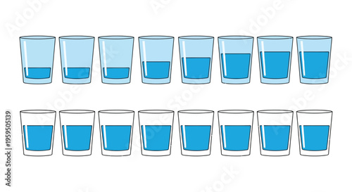 Vector illustration displaying glasses of water filled to various levels demonstrating fractions or measurements