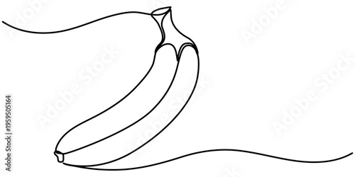 Banana continuous one line drawing, Banana in one line art style. Minimalist drawing of a single banana,  continuous line with editable black stroke on a white background. outline vector illustration.