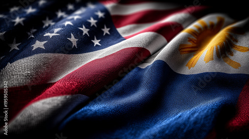 Celebrating unity american and filipino flags together in a cultural display textile art dramatic lighting close-up perspective