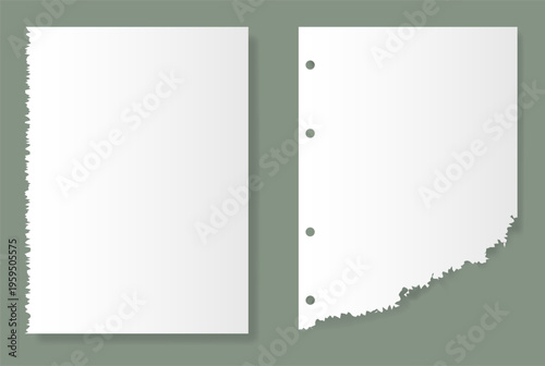 White Torn Paper Sheets Set. Realistic Ripped Notebook Paper Edges with Holes. Vector Blank Note Paper Pages