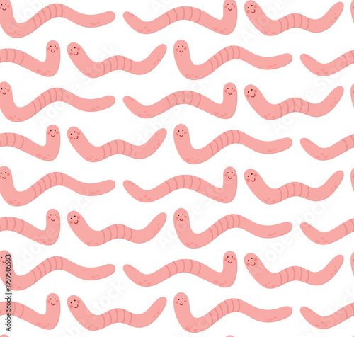Seamless pattern with funny smiling earthworms. Background of pink worm characters