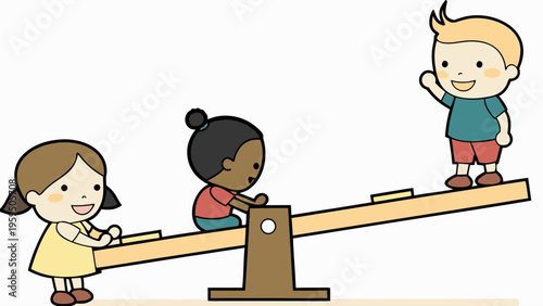 Children playing on a seesaw in an outdoor park with swings and slides kids laughing and having fun together